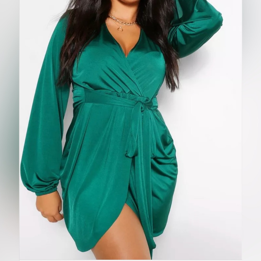 Boohoo Plus Emerald Green Wrap Mini Dress
